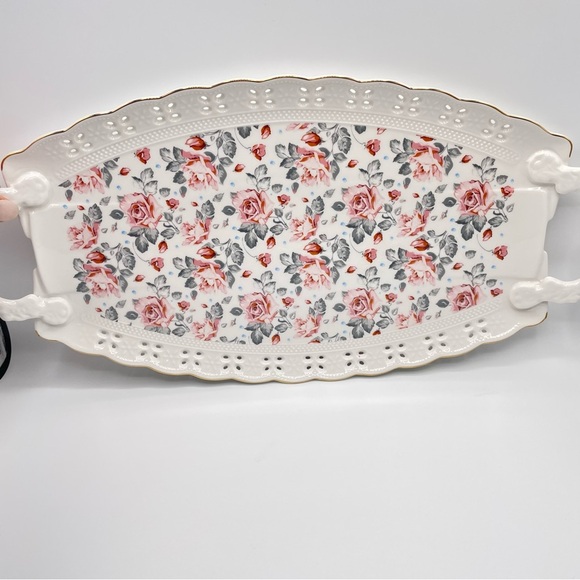 Solecasa  Old Country Roses Basket Ceramic Floral Oval Tray with Handles - Picture 3 of 8